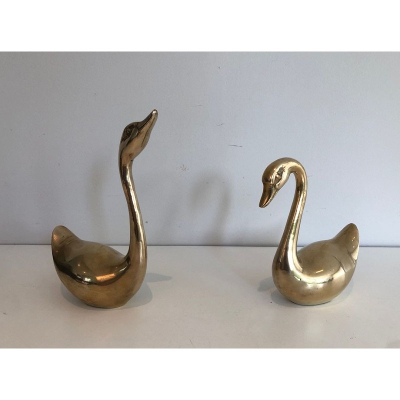 Pair of Polished Brass Swan Sculptures, French circa 1970