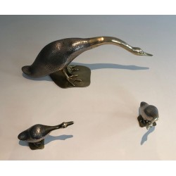 Set of a Duck and Two Ducklings in Silvered Metal and Brass, French circa 1970