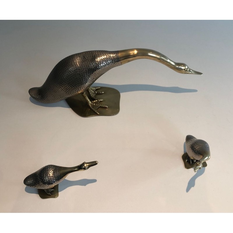 Set of a Duck and Two Ducklings in Silvered Metal and Brass, French circa 1970