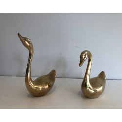 Pair of Polished Brass Swan Sculptures, French circa 1970