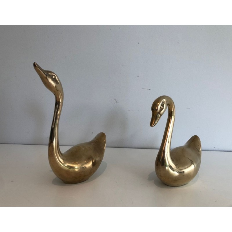 Pair of Polished Brass Swan Sculptures, French circa 1970