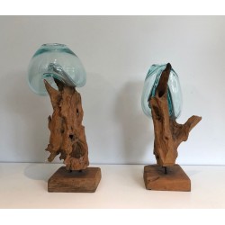 Paire de Vases en Bois Flotté et Verre Soufflé, France vers 1980