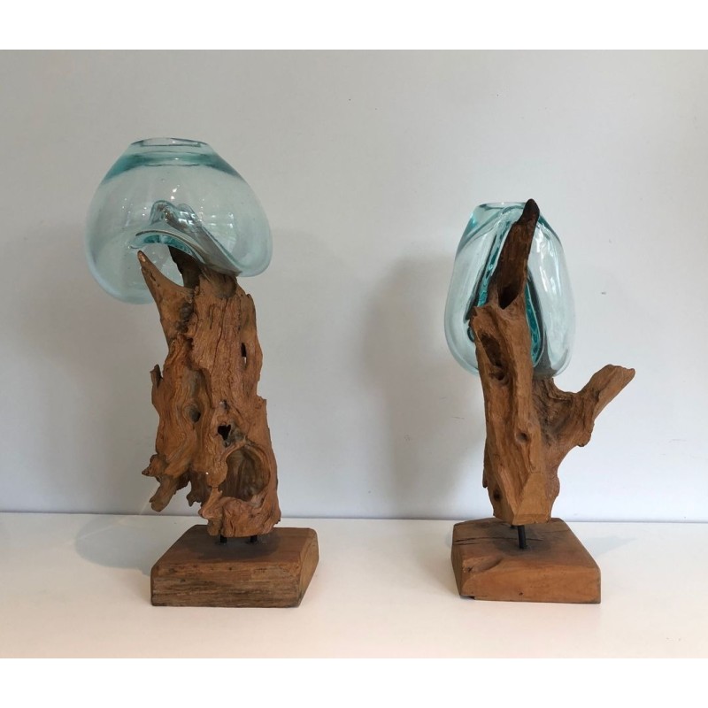 Pair of Organic Driftwood and Blown Glass Vases, French circa 1980