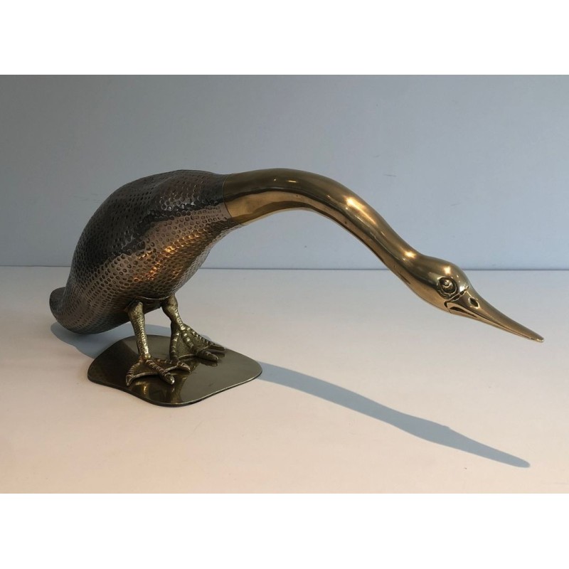 Set of a Duck and Two Ducklings in Silvered Metal and Brass, French circa 1970