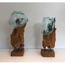 Pair of Organic Driftwood and Blown Glass Vases, French circa 1980