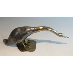 Set of a Duck and Two Ducklings in Silvered Metal and Brass, French circa 1970