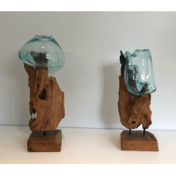 Pair of Organic Driftwood and Blown Glass Vases, French circa 1980