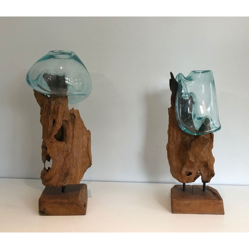 Pair of Organic Driftwood and Blown Glass Vases, French circa 1980