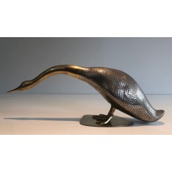 Set of a Duck and Two Ducklings in Silvered Metal and Brass, French circa 1970