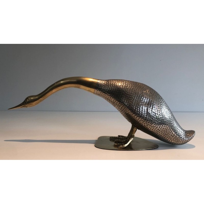 Set of a Duck and Two Ducklings in Silvered Metal and Brass, French circa 1970