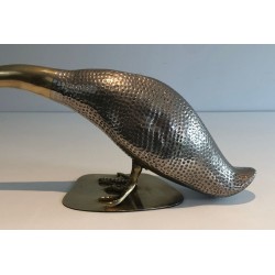 Set of a Duck and Two Ducklings in Silvered Metal and Brass, French circa 1970