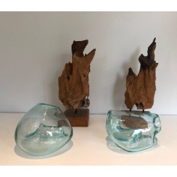 Paire de Vases en Bois Flotté et Verre Soufflé, France vers 1980