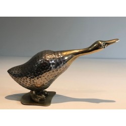 Set of a Duck and Two Ducklings in Silvered Metal and Brass, French circa 1970