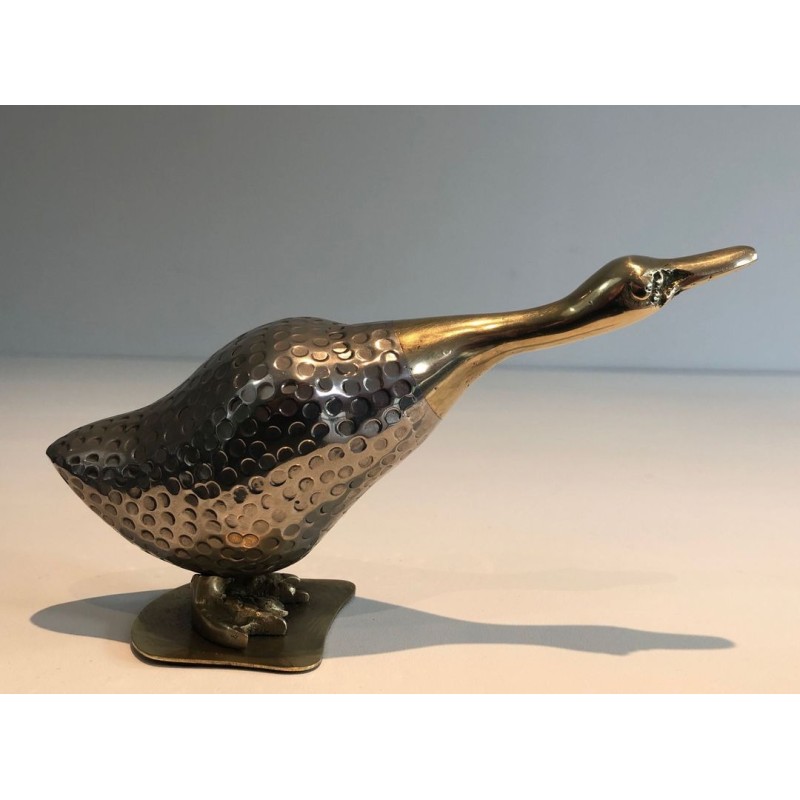 Set of a Duck and Two Ducklings in Silvered Metal and Brass, French circa 1970