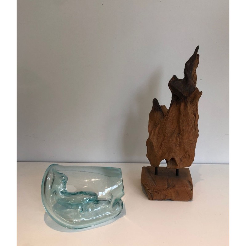 Paire de Vases en Bois Flotté et Verre Soufflé, France vers 1980