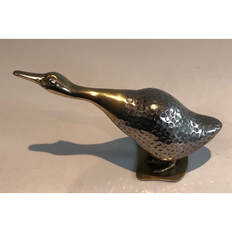 Set of a Duck and Two Ducklings in Silvered Metal and Brass, French circa 1970