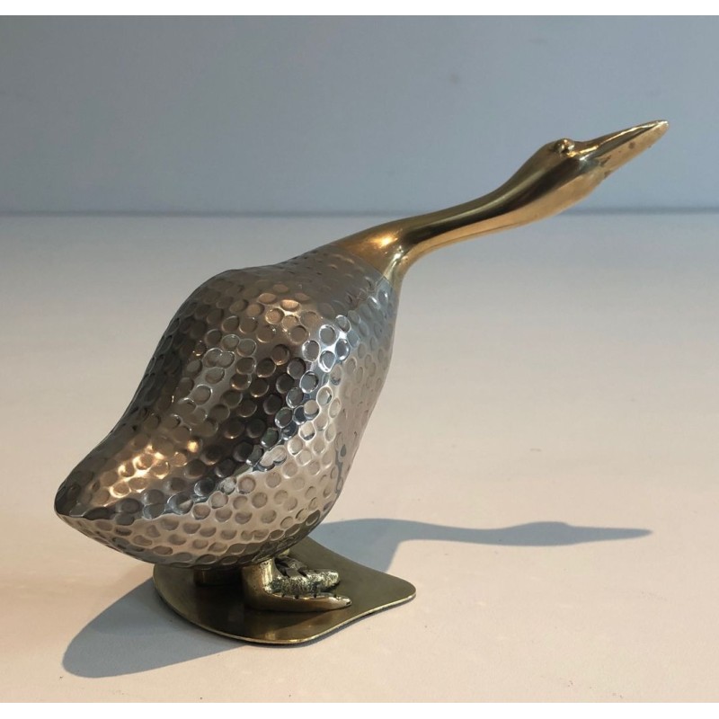Set of a Duck and Two Ducklings in Silvered Metal and Brass, French circa 1970
