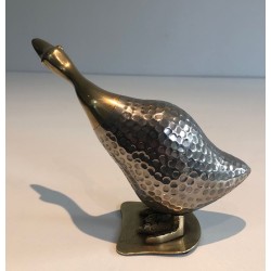 Set of a Duck and Two Ducklings in Silvered Metal and Brass, French circa 1970