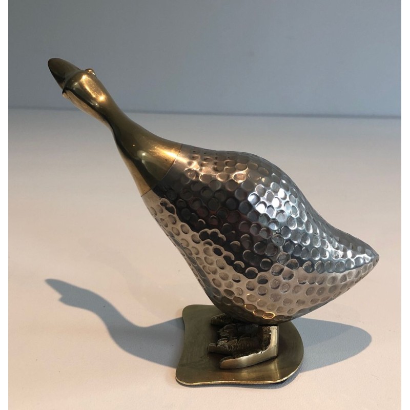 Set of a Duck and Two Ducklings in Silvered Metal and Brass, French circa 1970