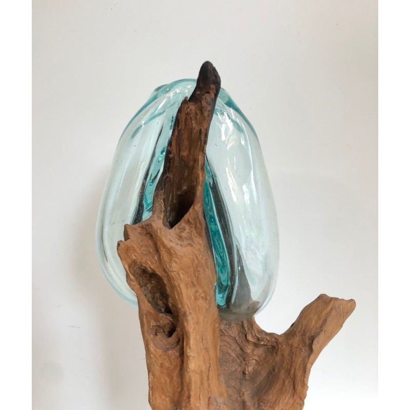 Paire de Vases en Bois Flotté et Verre Soufflé, France vers 1980