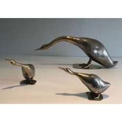 Set of a Duck and Two Ducklings in Silvered Metal and Brass, French circa 1970