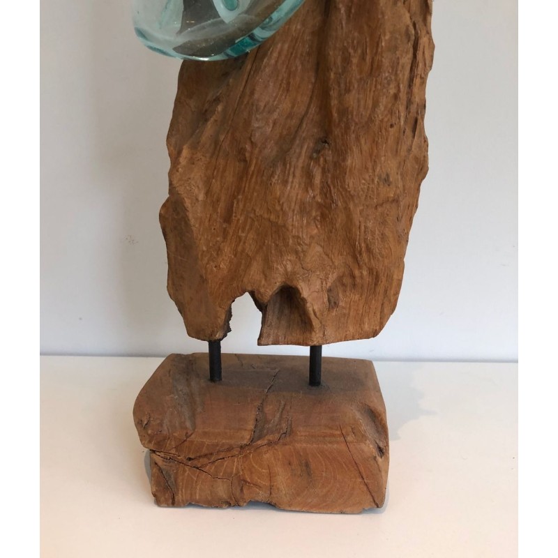 Paire de Vases en Bois Flotté et Verre Soufflé, France vers 1980