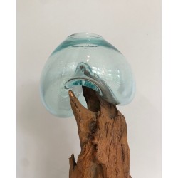 Paire de Vases en Bois Flotté et Verre Soufflé, France vers 1980