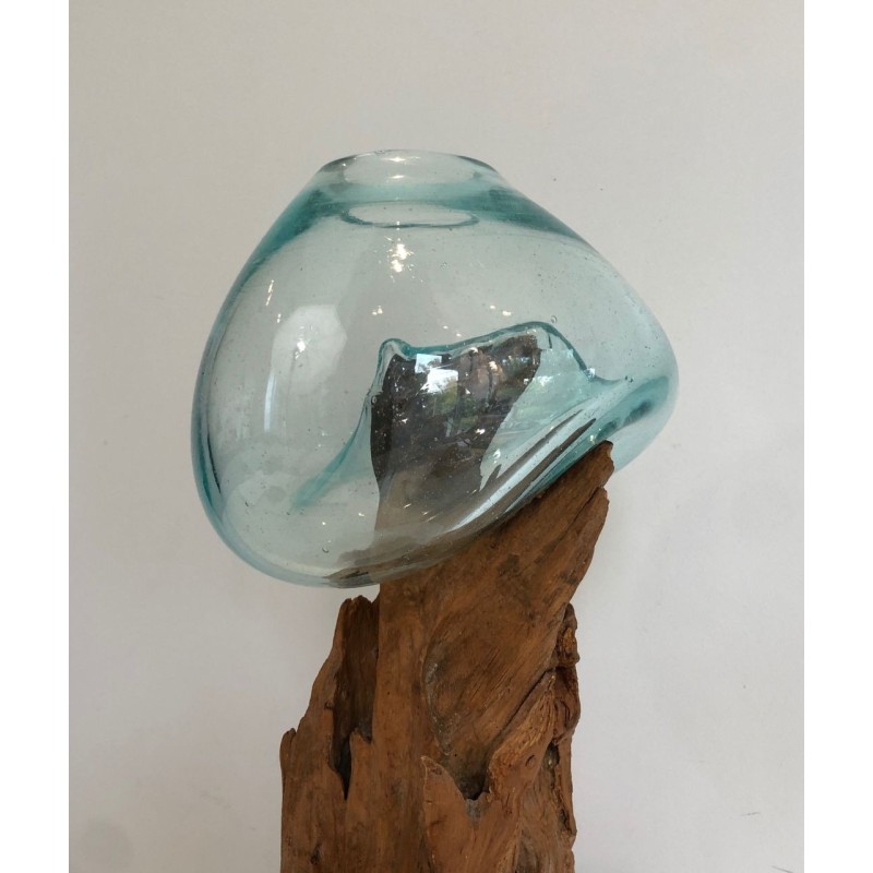 Paire de Vases en Bois Flotté et Verre Soufflé, France vers 1980