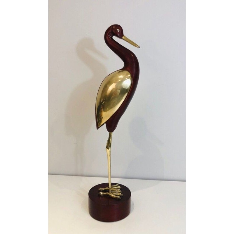 Modernist Exotic Wood and Brass Wading Bird Sculpture, French circa 1970