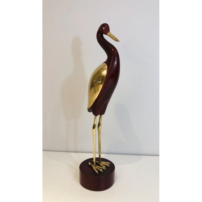 Modernist Exotic Wood and Brass Wading Bird Sculpture, French circa 1970