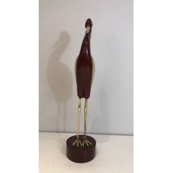 Modernist Exotic Wood and Brass Wading Bird Sculpture, French circa 1970