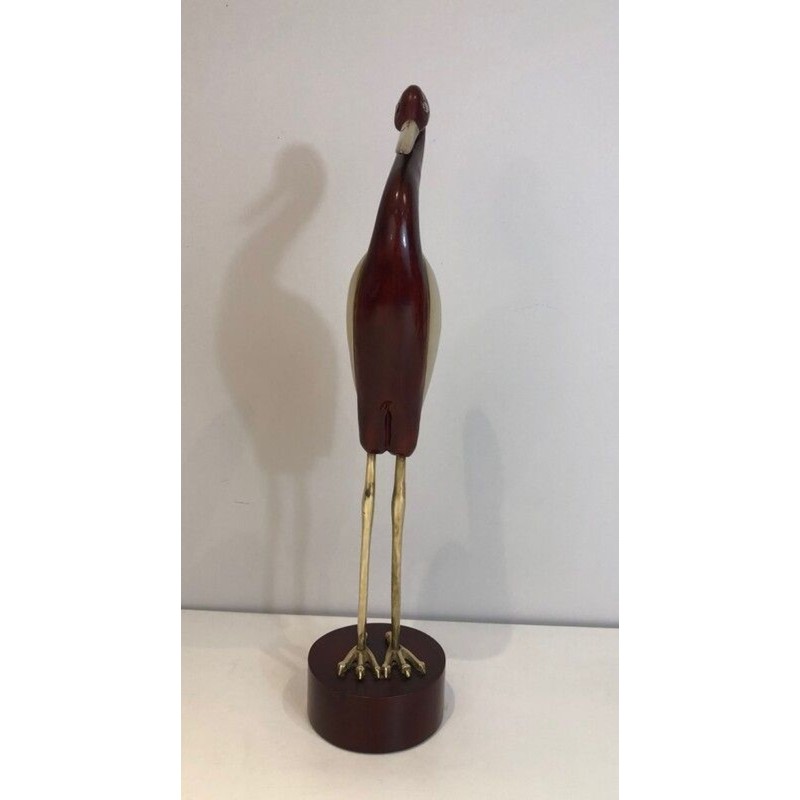 Modernist Exotic Wood and Brass Wading Bird Sculpture, French circa 1970