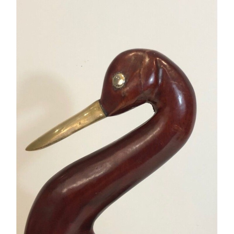 Modernist Exotic Wood and Brass Wading Bird Sculpture, French circa 1970