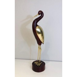 Modernist Exotic Wood and Brass Wading Bird Sculpture, French circa 1970
