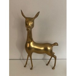 Decorative Modernist Polished Brass Standing Doe Sculpture, French circa 1970