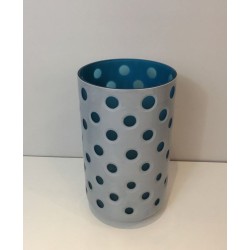 Modernist Overlay Glass Vase with Polka Dot Pattern in White and Teal, Italian circa 1970