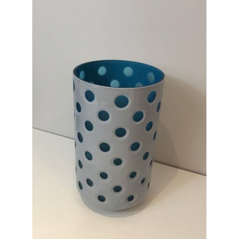 Modernist Overlay Glass Vase with Polka Dot Pattern in White and Teal, Italian circa 1970