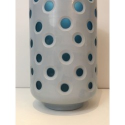 Modernist Overlay Glass Vase with Polka Dot Pattern in White and Teal, Italian circa 1970
