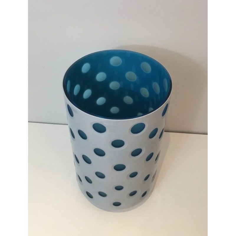 Vase en Verre Overlay Moderniste à Motif Pois en Blanc et Bleu Sarcelle, Italie vers 1970