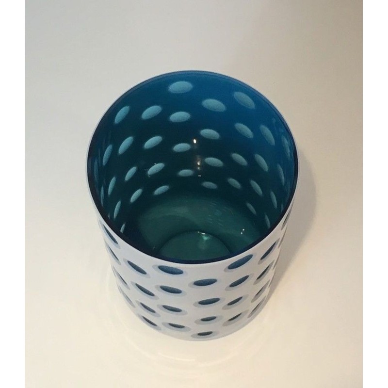 Modernist Overlay Glass Vase with Polka Dot Pattern in White and Teal, Italian circa 1970