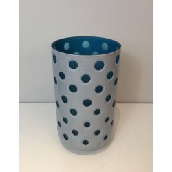 Modernist Overlay Glass Vase with Polka Dot Pattern in White and Teal, Italian circa 1970