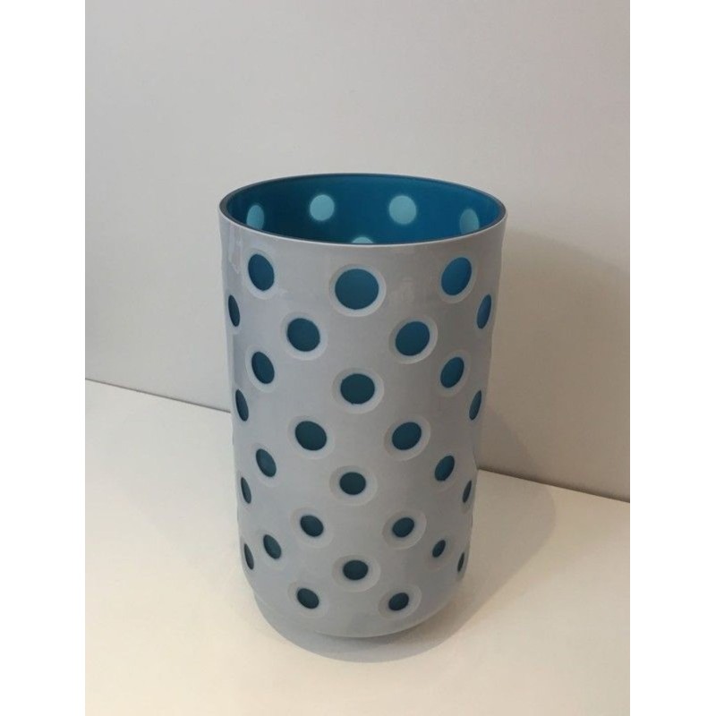 Vase en Verre Overlay Moderniste à Motif Pois en Blanc et Bleu Sarcelle, Italie vers 1970