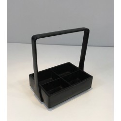 Modernist Black Leather Desk Organiser with Chrome Arch Handle by Jacques Adnet, French circa 1950