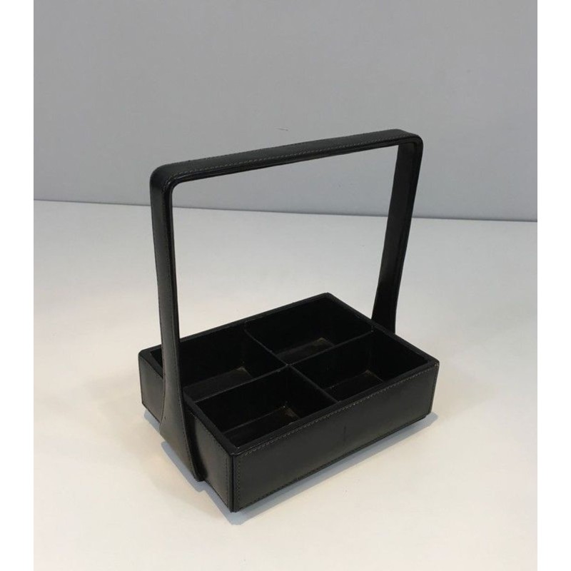 Modernist Black Leather Desk Organiser with Chrome Arch Handle by Jacques Adnet, French circa 1950