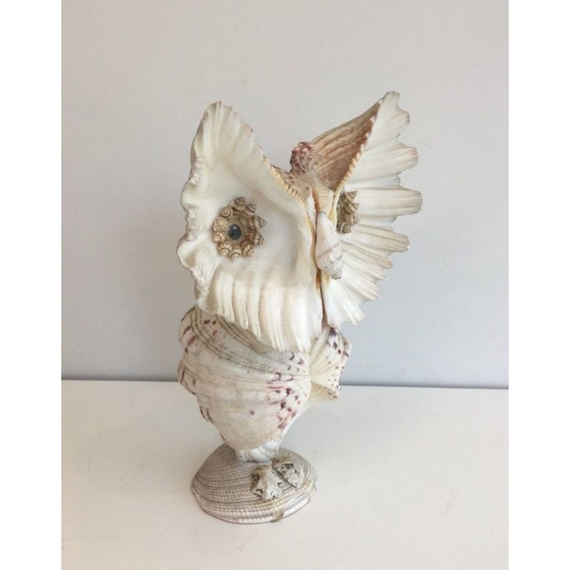 Decorative Owl Sculpture Assembled from Natural Shells, French circa 1970