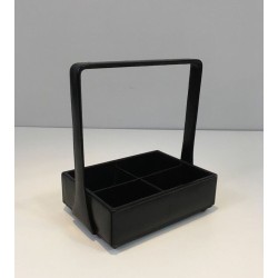 Modernist Black Leather Desk Organiser with Chrome Arch Handle by Jacques Adnet, French circa 1950