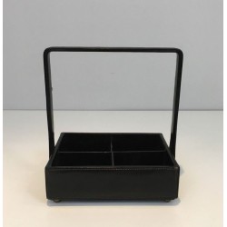 Modernist Black Leather Desk Organiser with Chrome Arch Handle by Jacques Adnet, French circa 1950