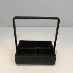 Modernist Black Leather Desk Organiser with Chrome Arch Handle by Jacques Adnet, French circa 1950