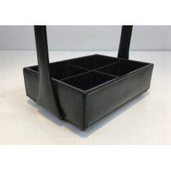 Modernist Black Leather Desk Organiser with Chrome Arch Handle by Jacques Adnet, French circa 1950