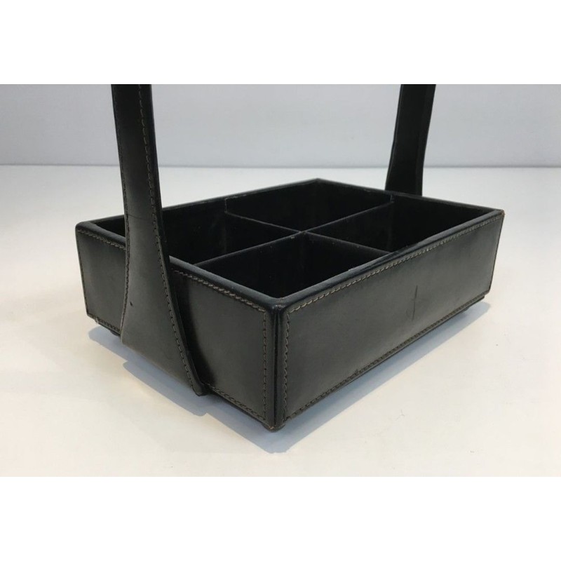 Modernist Black Leather Desk Organiser with Chrome Arch Handle by Jacques Adnet, French circa 1950